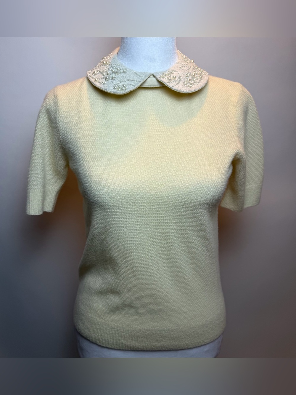 Alice + Olivia Pale Yellow Beaded Peter Pan Collar Wool Sweater